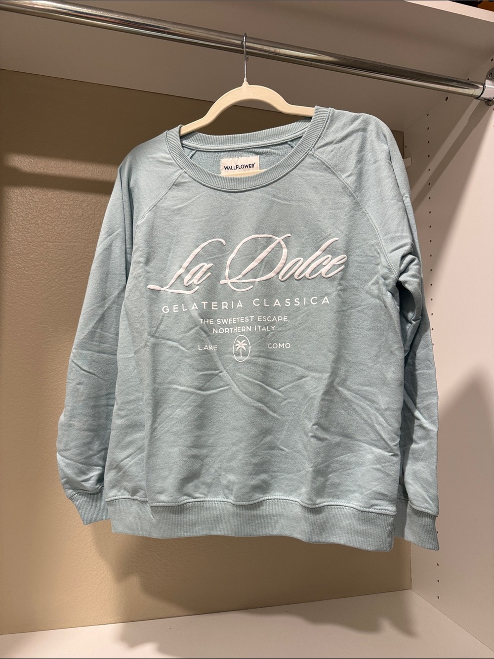 Wallflower Light Blue Crewneck Sweatshirt with White 'La Dolce' Graphic